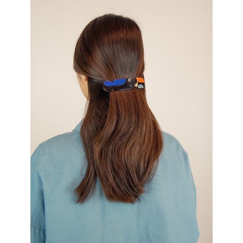 Barrette Nymphe en corne noire et laque Bleu